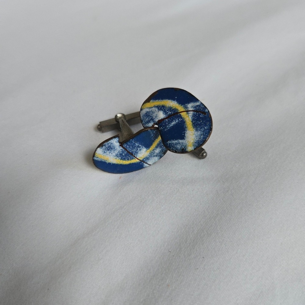 VTG Copper Kidney Bean Modernist Cufflinks OS Men Blue Abstract Enamel Unbranded
